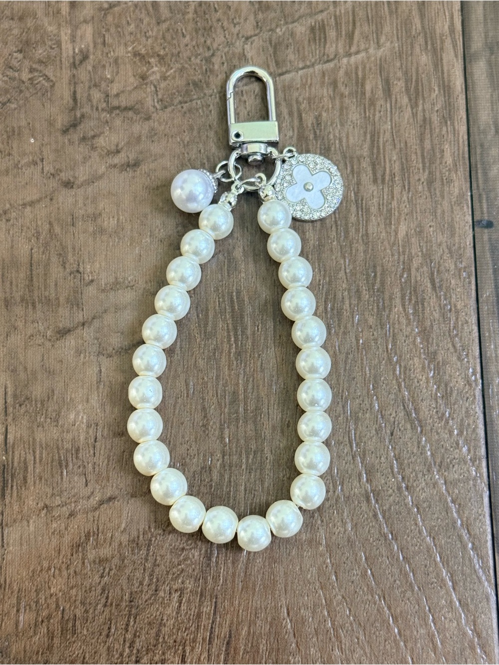 Pearl Bead Bracelet Keychain with Silver Charm